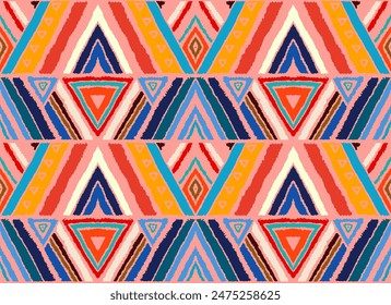 Modern geometric pattern with diamonds, stripes, diagonal lines. Ikat print. Zigzag chevron abstract illustration. Tribal ethnic vector texture. Aztec style. Folk embroidery. Scandinavian, African rug