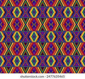 Modern geometric pattern with diamonds, stripes, diagonal lines. Ikat print. Zigzag chevron abstract illustration. Tribal ethnic vector texture. Aztec style. Folk embroidery. Scandinavian, African rug