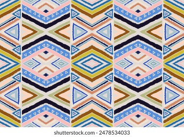 Modern geometric pattern with diamonds, stripes, diagonal lines. Ikat print. Zigzag chevron abstract illustration. Tribal ethnic vector texture. Aztec style. Folk embroidery. Scandinavian, African rug