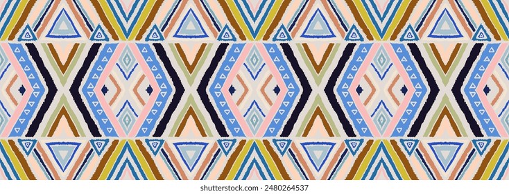 Modern geometric pattern with diamonds, stripes, diagonal lines. Ikat print. Zigzag chevron abstract illustration. Tribal ethnic vector texture. Aztec style. Folk embroidery. Scandinavian, African rug