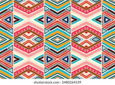 Modern geometric pattern with diamonds, stripes, diagonal lines. Ikat print. Zigzag chevron abstract illustration. Tribal ethnic vector texture. Aztec style. Folk embroidery. Scandinavian, African rug