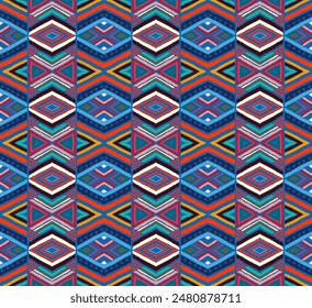 Modern geometric pattern with diamonds, stripes, diagonal lines. Ikat print. Zigzag chevron abstract illustration. Tribal ethnic vector texture. Aztec style. Folk embroidery. Scandinavian, African rug