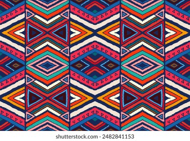 Modern geometric pattern with diamonds, stripes, diagonal lines. Ikat print. Zigzag chevron abstract illustration. Tribal ethnic vector texture. Aztec style. Folk embroidery. Scandinavian, African rug