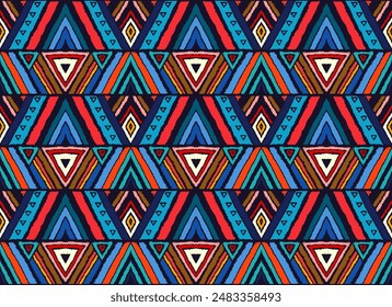 Modernes geometrisches Muster mit Diamanten, Streifen, diagonalen Linien. Ikat-Druck. Zickzack Chevron abstrakte Illustration. Textur der ethnischen Vektorgrafik. Azteken-Stil. Folk Stickerei. Skandinavischer, afrikanischer Teppich