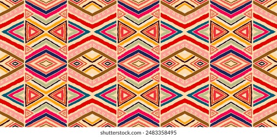 Modern geometric pattern with diamonds, stripes, diagonal lines. Ikat print. Zigzag chevron abstract illustration. Tribal ethnic vector texture. Aztec style. Folk embroidery. Scandinavian, African rug