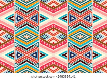 Modern geometric pattern with diamonds, stripes, diagonal lines. Ikat print. Zigzag chevron abstract illustration. Tribal ethnic vector texture. Aztec style. Folk embroidery. Scandinavian, African rug