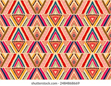Modern geometric pattern with diamonds, stripes, diagonal lines. Ikat print. Zigzag chevron abstract illustration. Tribal ethnic vector texture. Aztec style. Folk embroidery. Scandinavian, African rug