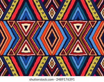 Modern geometric pattern with diamonds, stripes, diagonal lines. Ikat print. Zigzag chevron abstract illustration. Tribal ethnic vector texture. Aztec style. Folk embroidery. Scandinavian, African rug