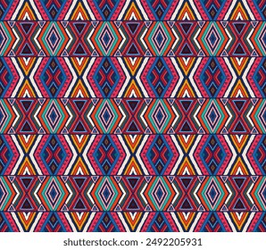 Modern geometric pattern with diamonds, stripes, diagonal lines. Ikat print. Zigzag chevron abstract illustration. Tribal ethnic vector texture. Aztec style. Folk embroidery. Scandinavian, African rug