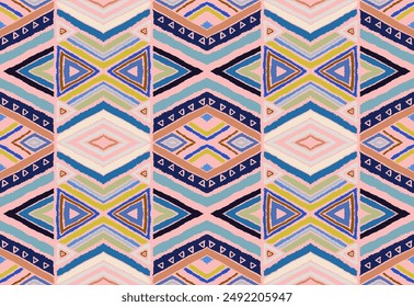 Modern geometric pattern with diamonds, stripes, diagonal lines. Ikat print. Zigzag chevron abstract illustration. Tribal ethnic vector texture. Aztec style. Folk embroidery. Scandinavian, African rug