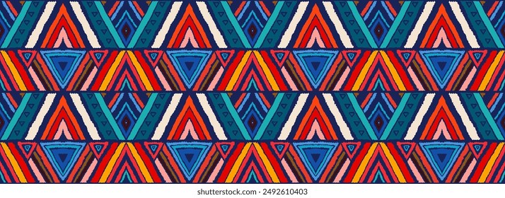 Modern geometric pattern with diamonds, stripes, diagonal lines. Ikat print. Zigzag chevron abstract illustration. Tribal ethnic vector texture. Aztec style. Folk embroidery. Scandinavian, African rug
