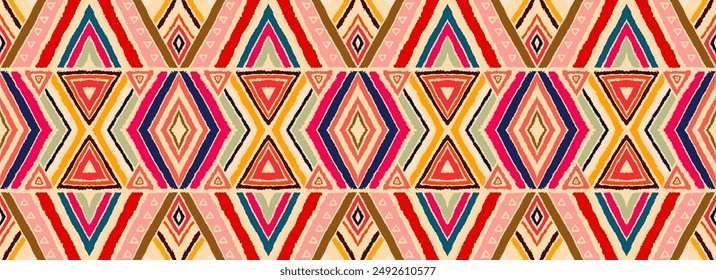 Modern geometric pattern with diamonds, stripes, diagonal lines. Ikat print. Zigzag chevron abstract illustration. Tribal ethnic vector texture. Aztec style. Folk embroidery. Scandinavian, African rug