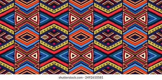 Modern geometric pattern with diamonds, stripes, diagonal lines. Ikat print. Zigzag chevron abstract illustration. Tribal ethnic vector texture. Aztec style. Folk embroidery. Scandinavian, African rug