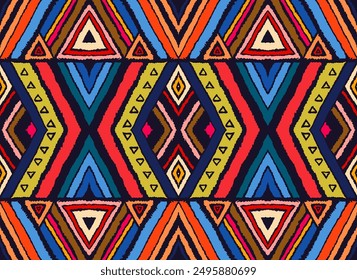 Modern geometric pattern with diamonds, stripes, diagonal lines. Ikat print. Zigzag chevron abstract illustration. Tribal ethnic vector texture. Aztec style. Folk embroidery. Scandinavian, African rug