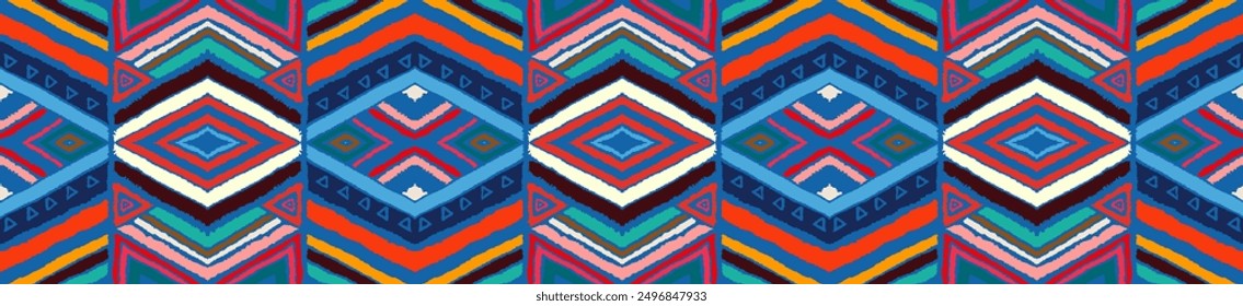 Modern geometric pattern with diamonds, stripes, diagonal lines. Ikat print. Zigzag chevron abstract illustration. Tribal ethnic vector texture. Aztec style. Folk embroidery. Scandinavian, African rug