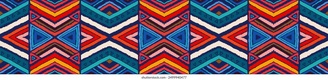 Modern geometric pattern with diamonds, stripes, diagonal lines. Ikat print. Zigzag chevron abstract illustration. Tribal ethnic vector texture. Aztec style. Folk embroidery. Scandinavian, African rug