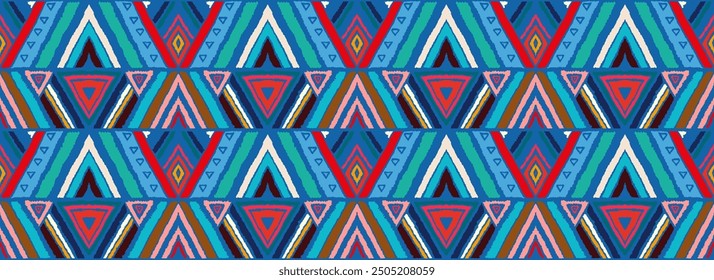 Modern geometric pattern with diamonds, stripes, diagonal lines. Ikat print. Zigzag chevron abstract illustration. Tribal ethnic vector texture. Aztec style. Folk embroidery. Scandinavian, African rug