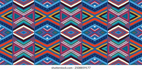 Modern geometric pattern with diamonds, stripes, diagonal lines. Ikat print. Zigzag chevron abstract illustration. Tribal ethnic vector texture. Aztec style. Folk embroidery. Scandinavian, African rug