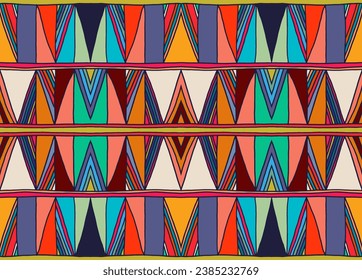 Modern geometric pattern with diamonds, triangle, stripes, diagonal and square lines art. Ikat print. Zigzag chevron abstract op-art illustration. Trendy bauhaus pattern. Scandinavian, African rug.