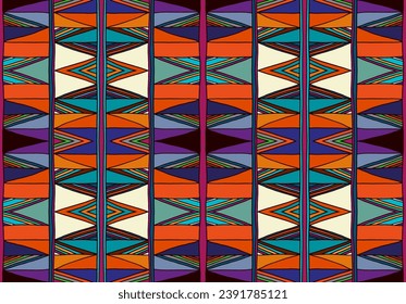 Modern geometric pattern with diamonds, triangle, stripes, diagonal and square lines art. Ikat print. Zigzag chevron abstract op-art illustration. Trendy bauhaus pattern. Scandinavian, African rug.