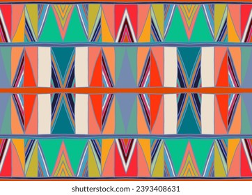 Modern geometric pattern with diamonds, triangle, stripes, diagonal and square lines art. Ikat print. Zigzag chevron abstract op-art illustration. Trendy bauhaus pattern. Scandinavian, African rug.