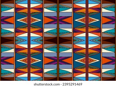 Modern geometric pattern with diamonds, triangle, stripes, diagonal and square lines art. Ikat print. Zigzag chevron abstract op-art illustration. Trendy bauhaus pattern. Scandinavian, African rug.