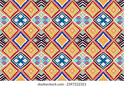Modern geometric pattern with diamonds, triangle, stripes, diagonal and square lines art. Ikat print. Zigzag chevron abstract op-art illustration. Trendy bauhaus pattern. Scandinavian, African rug.