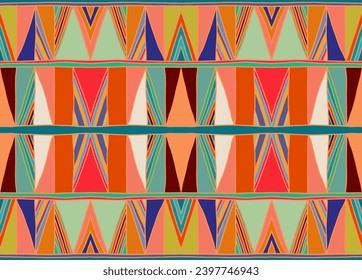 Modern geometric pattern with diamonds, triangle, stripes, diagonal and square lines art. Ikat print. Zigzag chevron abstract op-art illustration. Trendy bauhaus pattern. Scandinavian, African rug.