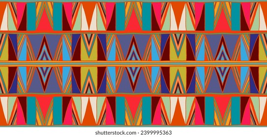 Modern geometric pattern with diamonds, triangle, stripes, diagonal and square lines art. Ikat print. Zigzag chevron abstract op-art illustration. Trendy bauhaus pattern. Scandinavian, African rug.