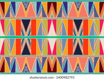 Modern geometric pattern with diamonds, triangle, stripes, diagonal and square lines art. Ikat print. Zigzag chevron abstract op-art illustration. Trendy bauhaus pattern. Scandinavian, African rug.