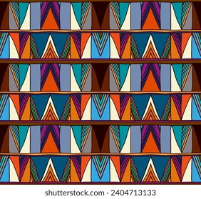 Patrón geométrico moderno con diamantes, triángulo, rayas, líneas diagonales y cuadradas de arte. Ilustración abstracta de op-art de Zigzag chevron. Patrón de bauhaus de moda. Escandinavia, alfombra africana.