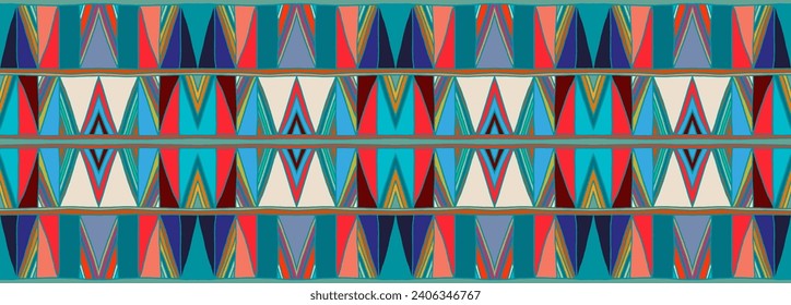 Modern geometric pattern with diamonds, triangle, stripes, diagonal and square lines art. Ikat print. Zigzag chevron abstract op-art illustration. Trendy bauhaus pattern. Scandinavian, African rug.
