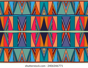 Modern geometric pattern with diamonds, triangle, stripes, diagonal and square lines art. Ikat print. Zigzag chevron abstract op-art illustration. Trendy bauhaus pattern. Scandinavian, African rug.