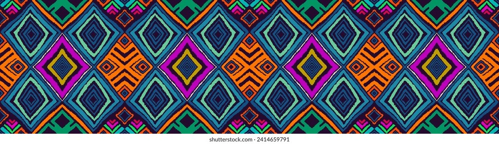Modern geometric pattern with diamonds, triangle, stripes, diagonal and square lines art. Ikat print. Zigzag chevron abstract op-art illustration. Trendy bauhaus pattern. Scandinavian, African rug.