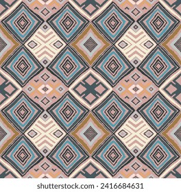 Modern geometric pattern with diamonds, triangle, stripes, diagonal and square lines art. Ikat print. Zigzag chevron abstract op-art illustration. Trendy bauhaus pattern. Scandinavian, African rug.