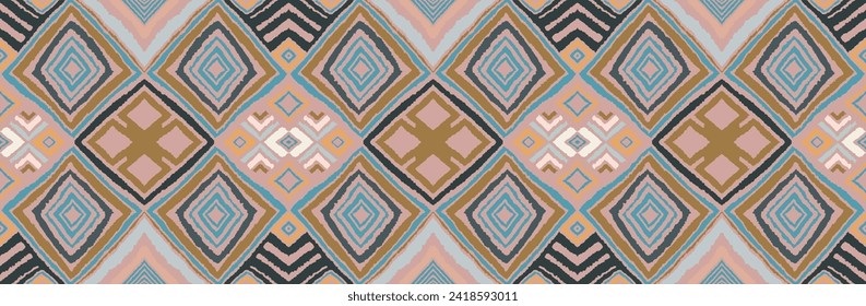 Modern geometric pattern with diamonds, triangle, stripes, diagonal and square lines art. Ikat print. Zigzag chevron abstract op-art illustration. Trendy bauhaus pattern. Scandinavian, African rug.
