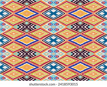 Modern geometric pattern with diamonds, triangle, stripes, diagonal and square lines art. Ikat print. Zigzag chevron abstract op-art illustration. Trendy bauhaus pattern. Scandinavian, African rug.
