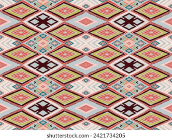 Modern geometric pattern with diamonds, triangle, stripes, diagonal and square lines art. Ikat print. Zigzag chevron abstract op-art illustration. Trendy bauhaus pattern. Scandinavian, African rug.