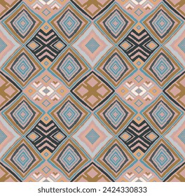 Modern geometric pattern with diamonds, triangle, stripes, diagonal and square lines art. Ikat print. Zigzag chevron abstract op-art illustration. Trendy bauhaus pattern. Scandinavian, African rug.