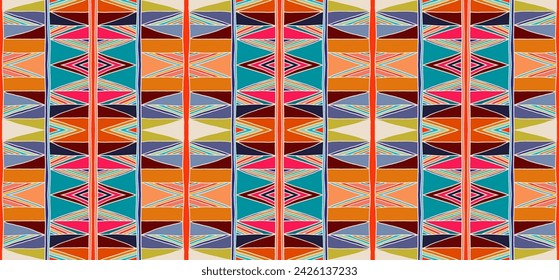 Modern geometric pattern with diamonds, triangle, stripes, diagonal and square lines art. Ikat print. Zigzag chevron abstract op-art illustration. Trendy bauhaus pattern. Scandinavian, African rug.
