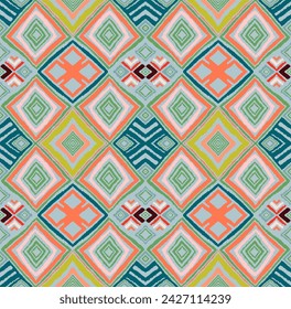 Modern geometric pattern with diamonds, triangle, stripes, diagonal and square lines art. Ikat print. Zigzag chevron abstract op-art illustration. Trendy bauhaus pattern. Scandinavian, African rug.