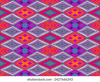 Modern geometric pattern with diamonds, triangle, stripes, diagonal and square lines art. Ikat print. Zigzag chevron abstract op-art illustration. Trendy bauhaus pattern. Scandinavian, African rug.