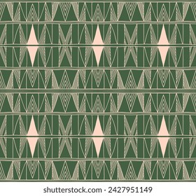 Modern geometric pattern. Diamonds, triangle, stripes, diagonal lines art. Retro futuristic background. Minimalistic figures. Ikat zigzag chevron op-art, bauhaus print. Scandinavian, African rug