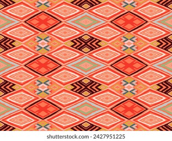 Modern geometric pattern with diamonds, triangle, stripes, diagonal and square lines art. Ikat print. Zigzag chevron abstract op-art illustration. Trendy bauhaus pattern. Scandinavian, African rug.