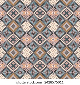 Modern geometric pattern with diamonds, triangle, stripes, diagonal and square lines art. Ikat print. Zigzag chevron abstract op-art illustration. Trendy bauhaus pattern. Scandinavian, African rug.