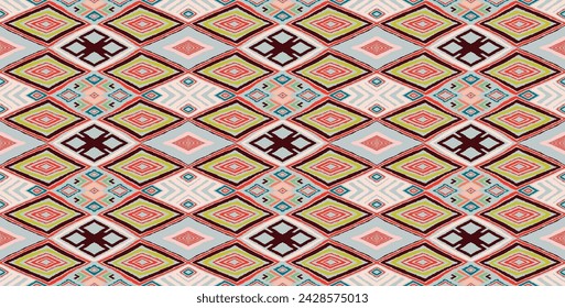 Modern geometric pattern with diamonds, triangle, stripes, diagonal and square lines art. Ikat print. Zigzag chevron abstract op-art illustration. Trendy bauhaus pattern. Scandinavian, African rug.