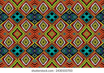 Modern geometric pattern with diamonds, triangle, stripes, diagonal and square lines art. Ikat print. Zigzag chevron abstract op-art illustration. Trendy bauhaus pattern. Scandinavian, African rug.