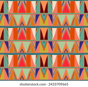 Modern geometric pattern with diamonds, triangle, stripes, diagonal and square lines art. Ikat print. Zigzag chevron abstract op-art illustration. Trendy bauhaus pattern. Scandinavian, African rug.