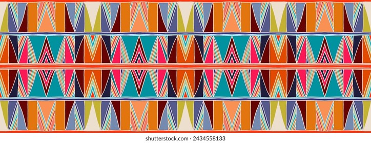 Modern geometric pattern with diamonds, triangle, stripes, diagonal and square lines art. Ikat print. Zigzag chevron abstract op-art illustration. Trendy bauhaus pattern. Scandinavian, African rug.
