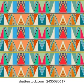 Modern geometric pattern with diamonds, triangle, stripes, diagonal and square lines art. Ikat print. Zigzag chevron abstract op-art illustration. Trendy bauhaus pattern. Scandinavian, African rug.